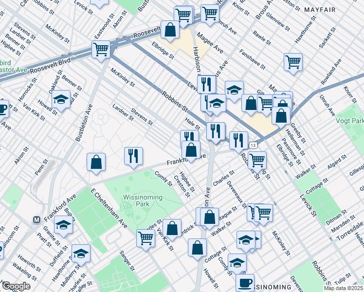 map of restaurants, bars, coffee shops, grocery stores, and more near 2935 Lardner Street in Philadelphia