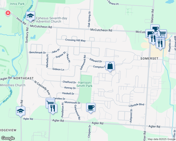 map of restaurants, bars, coffee shops, grocery stores, and more near 3355 Bodman Drive in Columbus