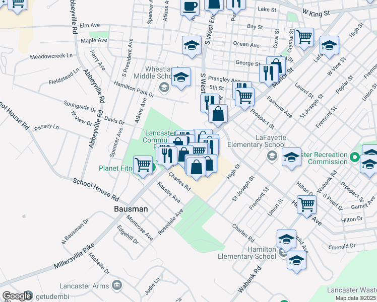 map of restaurants, bars, coffee shops, grocery stores, and more near 1221 Millersville Pike in Lancaster