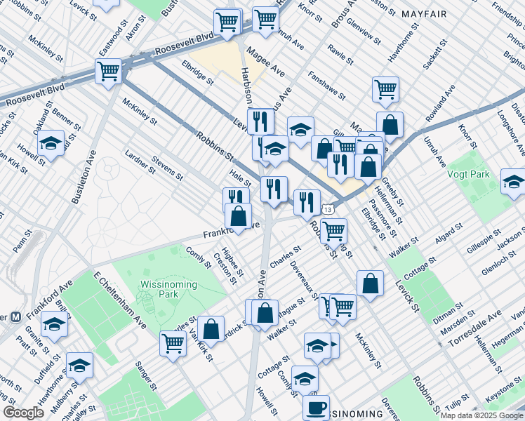 map of restaurants, bars, coffee shops, grocery stores, and more near 3034 McKinley Street in Philadelphia