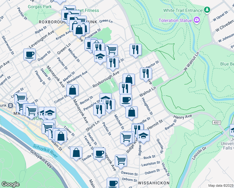 map of restaurants, bars, coffee shops, grocery stores, and more near 4143 Merrick Street in Philadelphia