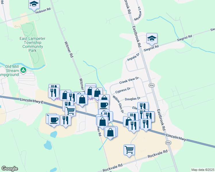 map of restaurants, bars, coffee shops, grocery stores, and more near 2419 Creek View Drive in Lancaster