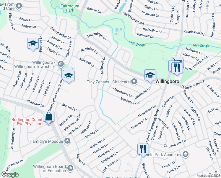 map of restaurants, bars, coffee shops, grocery stores, and more near 4 Madestone Lane in Willingboro