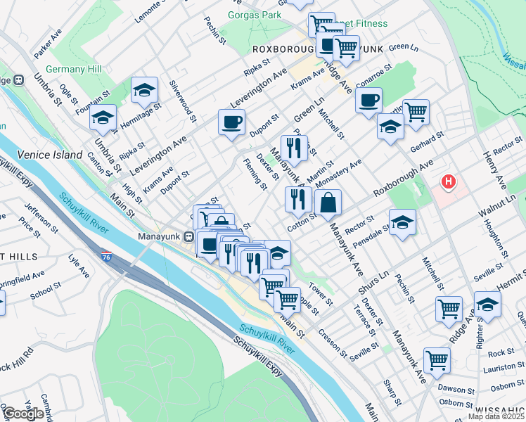 map of restaurants, bars, coffee shops, grocery stores, and more near 245 Lyceum Avenue in Philadelphia