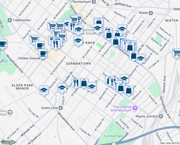 map of restaurants, bars, coffee shops, grocery stores, and more near Wayne Avenue & West Queen Lane in Philadelphia
