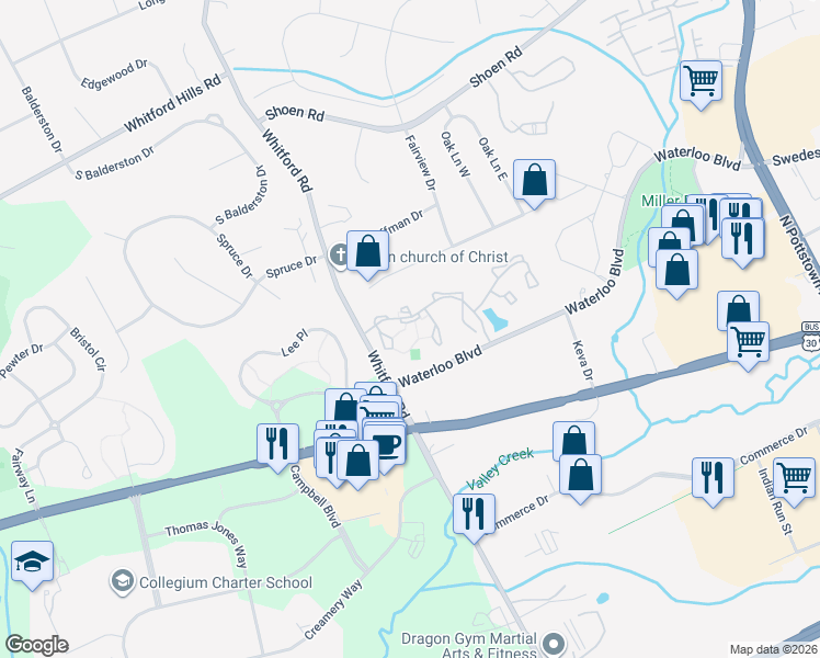 map of restaurants, bars, coffee shops, grocery stores, and more near 279 Lindenwood Drive in Exton