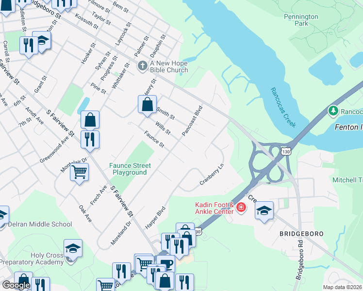 map of restaurants, bars, coffee shops, grocery stores, and more near 903 Faunce Street in Delran