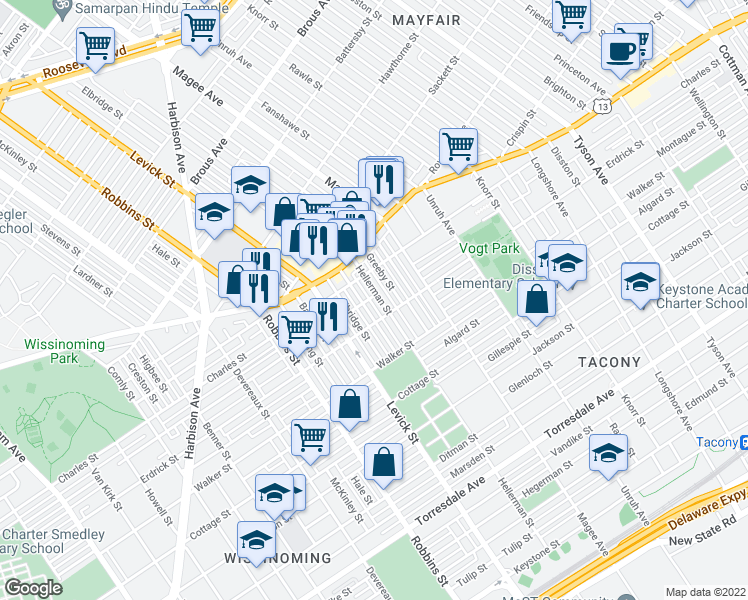 map of restaurants, bars, coffee shops, grocery stores, and more near 4136 Hellerman Street in Philadelphia
