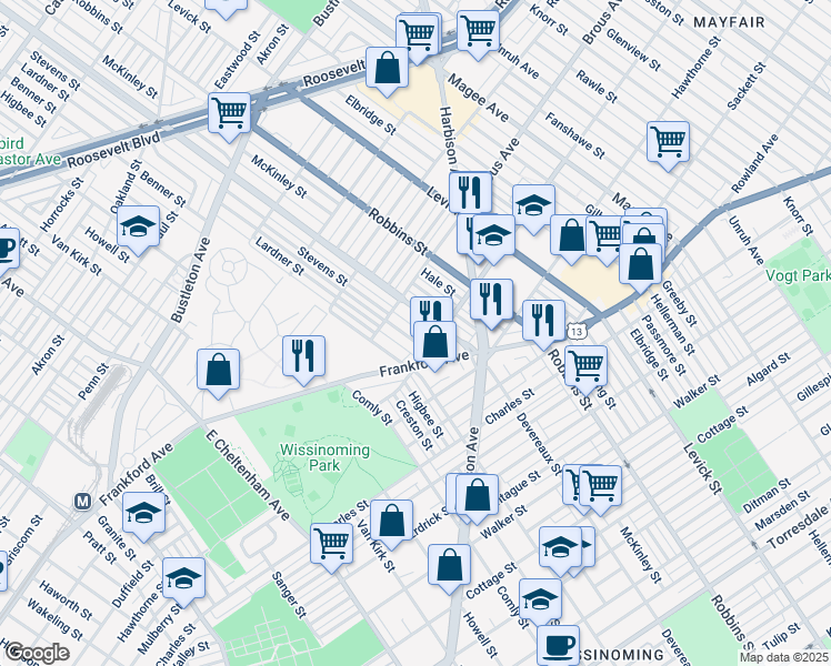map of restaurants, bars, coffee shops, grocery stores, and more near 2935 Lardner Street in Philadelphia