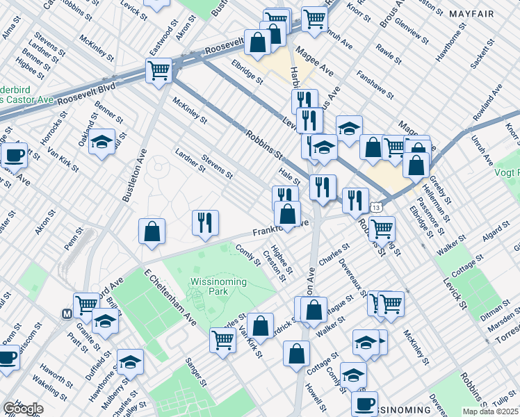 map of restaurants, bars, coffee shops, grocery stores, and more near 2910 Lardner Street in Philadelphia