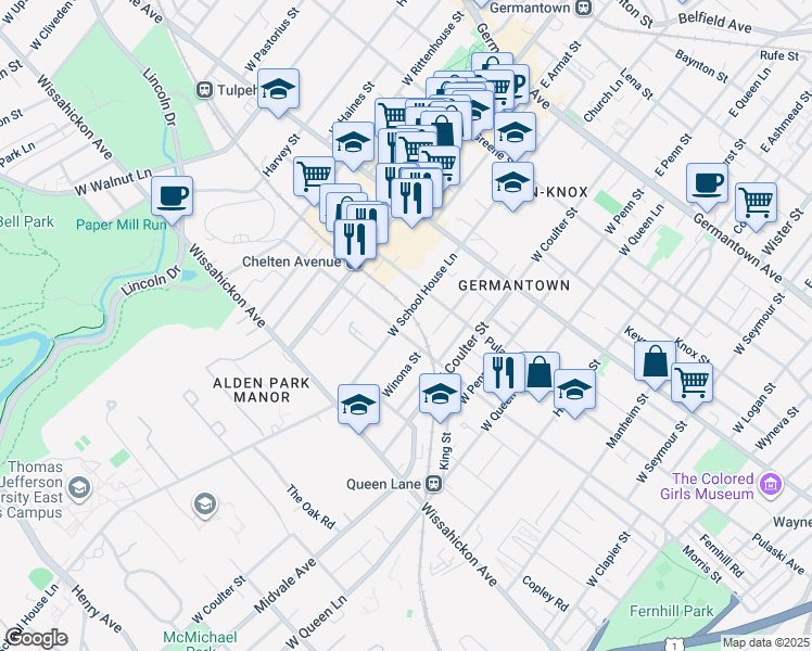 map of restaurants, bars, coffee shops, grocery stores, and more near 328 West School House Lane in Philadelphia