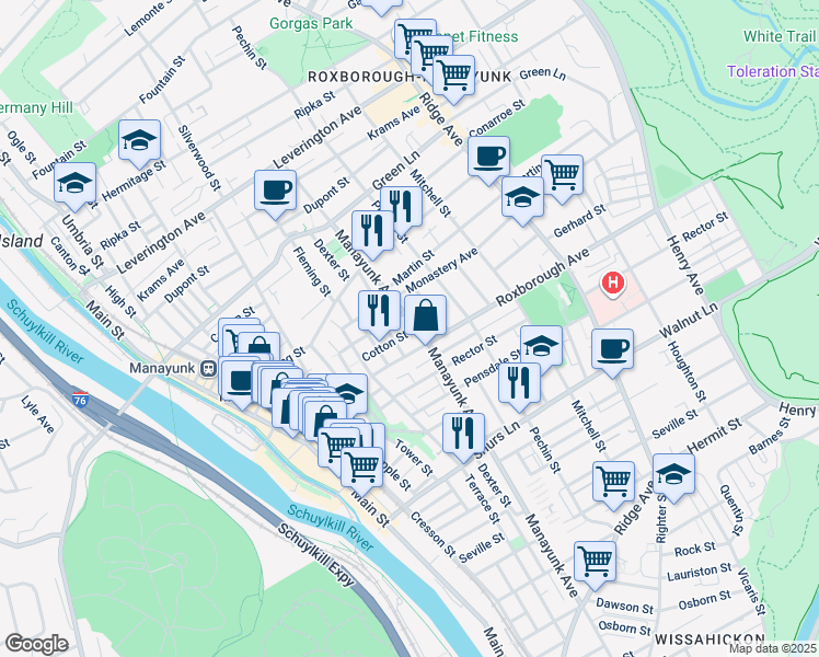 map of restaurants, bars, coffee shops, grocery stores, and more near 4312 Manayunk Avenue in Philadelphia