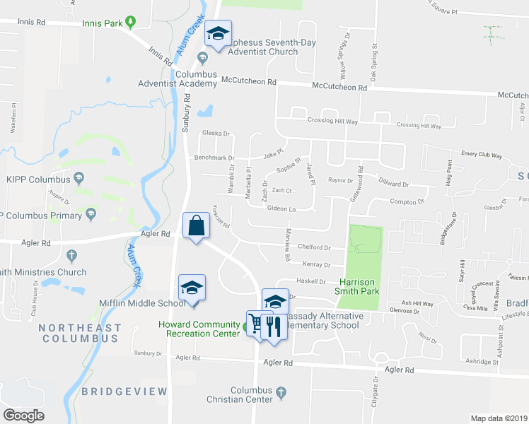 map of restaurants, bars, coffee shops, grocery stores, and more near 3103 Gideon Lane in Columbus