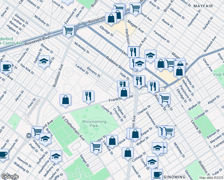 map of restaurants, bars, coffee shops, grocery stores, and more near 2910 Lardner Street in Philadelphia