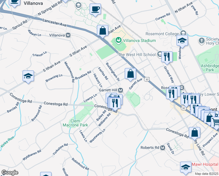 map of restaurants, bars, coffee shops, grocery stores, and more near 123 Lowrys Lane in Bryn Mawr