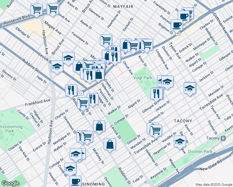 map of restaurants, bars, coffee shops, grocery stores, and more near 4165 Greeby Street in Philadelphia