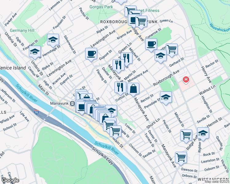 map of restaurants, bars, coffee shops, grocery stores, and more near 4332 Fleming Street in Philadelphia