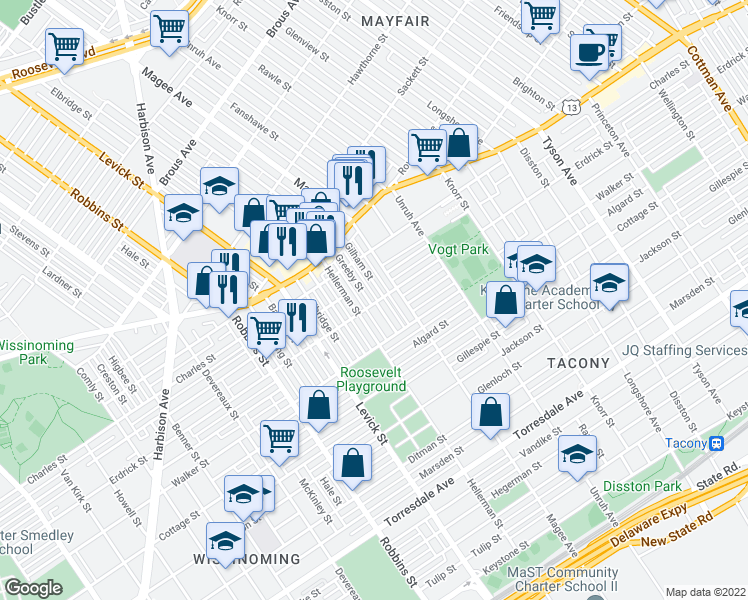 map of restaurants, bars, coffee shops, grocery stores, and more near 4165 Greeby Street in Philadelphia