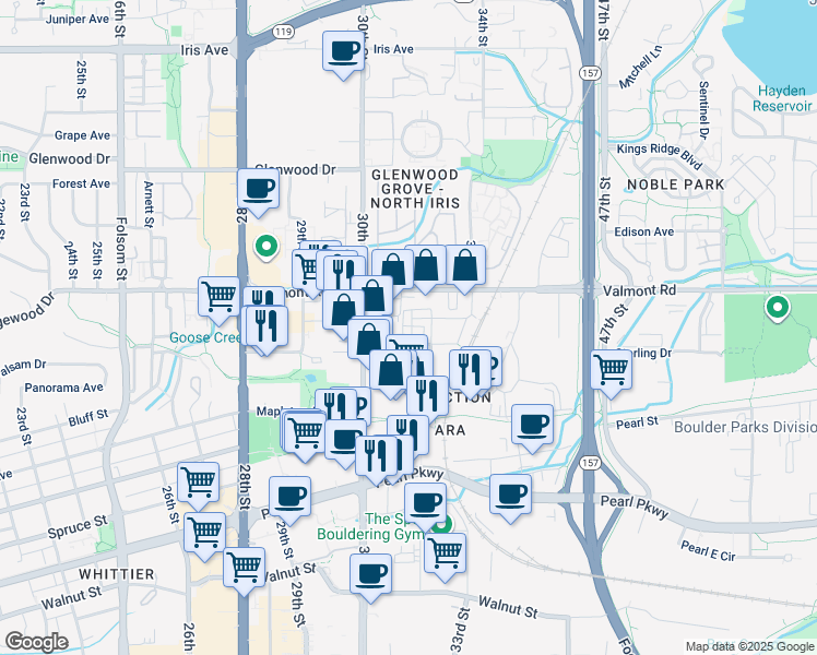 map of restaurants, bars, coffee shops, grocery stores, and more near 2907 32nd Street in Boulder
