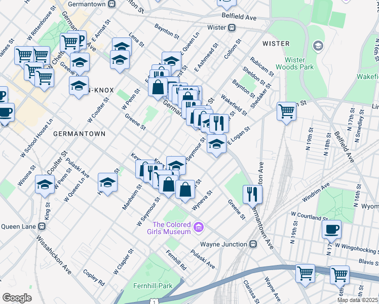 map of restaurants, bars, coffee shops, grocery stores, and more near 53 West Seymour Street in Philadelphia