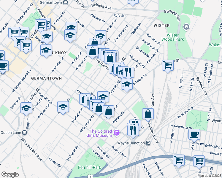 map of restaurants, bars, coffee shops, grocery stores, and more near 53 West Seymour Street in Philadelphia