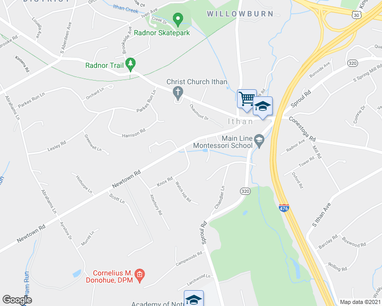 map of restaurants, bars, coffee shops, grocery stores, and more near 501 Shadeland Road in Villanova