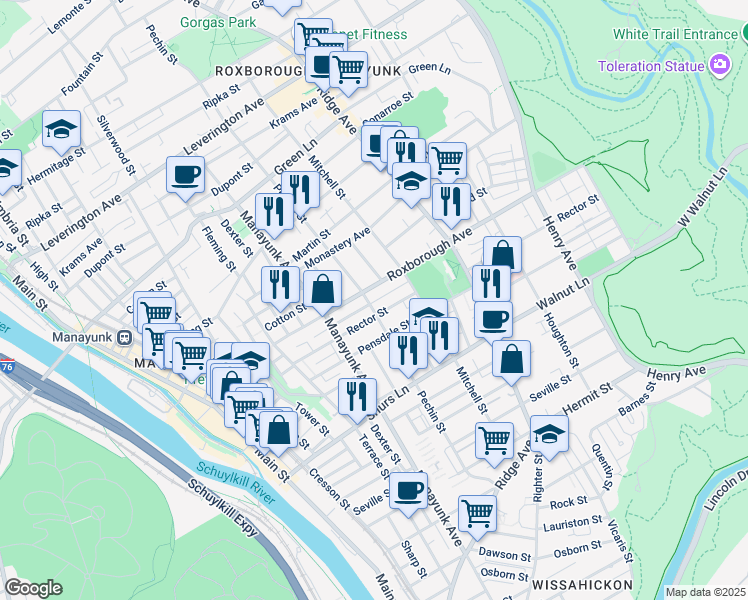 map of restaurants, bars, coffee shops, grocery stores, and more near 4235 Pechin Street in Philadelphia