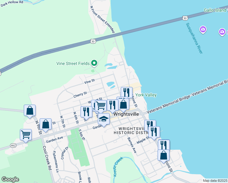 map of restaurants, bars, coffee shops, grocery stores, and more near 214 Walnut Street in Wrightsville