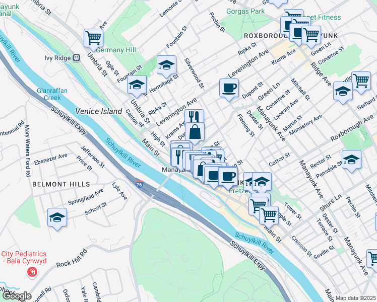 map of restaurants, bars, coffee shops, grocery stores, and more near 140 Green Lane in Philadelphia