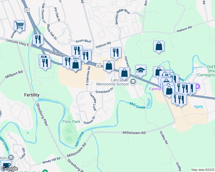 map of restaurants, bars, coffee shops, grocery stores, and more near 197 Greenland Drive in Lancaster