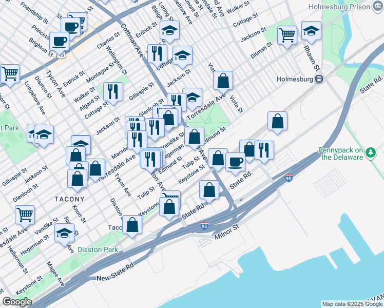 map of restaurants, bars, coffee shops, grocery stores, and more near 7223 Edmund Street in Philadelphia