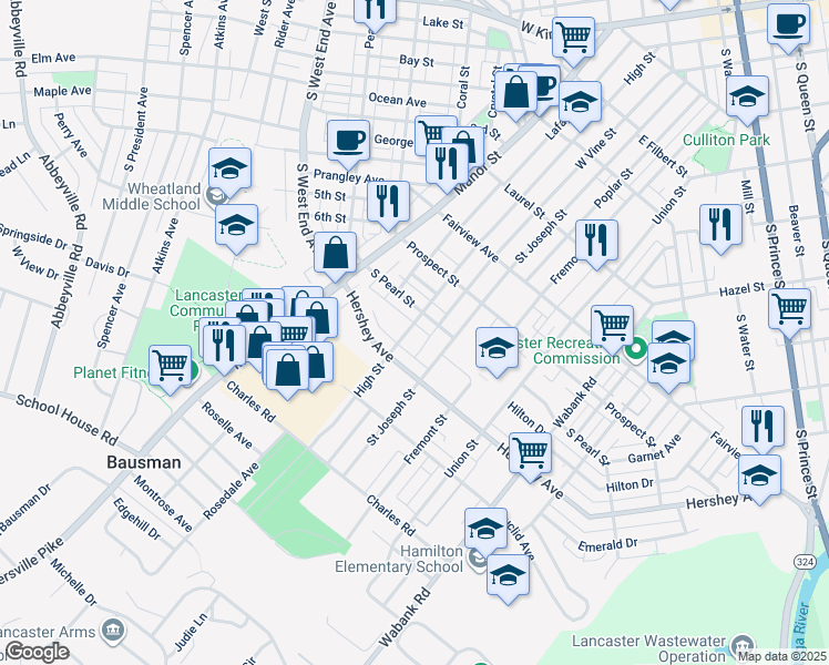 map of restaurants, bars, coffee shops, grocery stores, and more near 1026 High Street in Lancaster