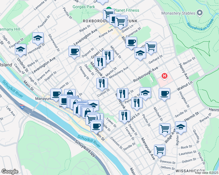 map of restaurants, bars, coffee shops, grocery stores, and more near 4314 Manayunk Avenue in Philadelphia