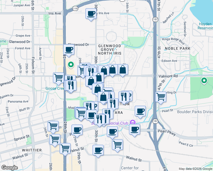 map of restaurants, bars, coffee shops, grocery stores, and more near 3129 Bluff Street in Boulder