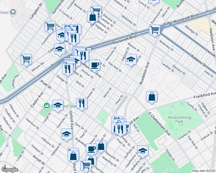 map of restaurants, bars, coffee shops, grocery stores, and more near 5408 Akron Street in Philadelphia