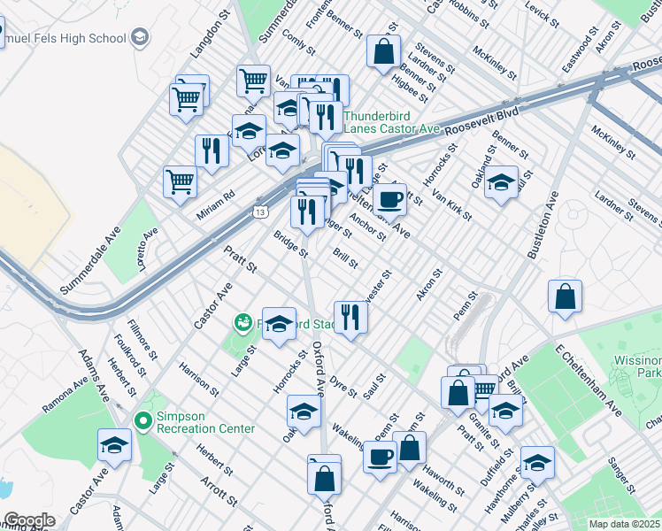 map of restaurants, bars, coffee shops, grocery stores, and more near 1121 Bridge St in Philadelphia