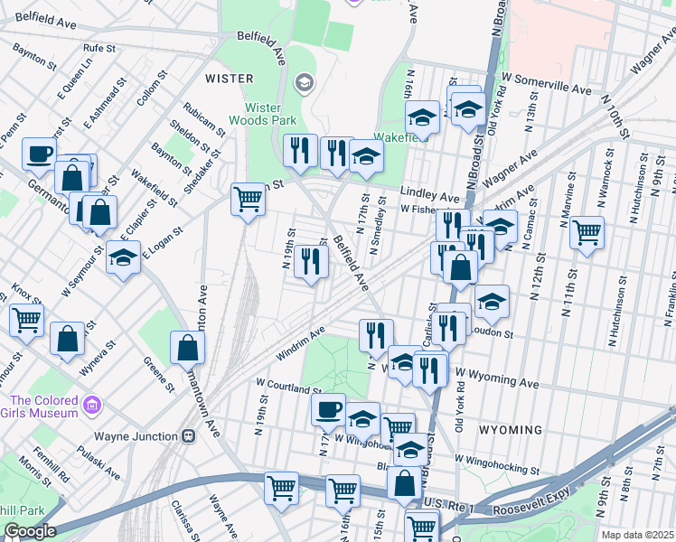 map of restaurants, bars, coffee shops, grocery stores, and more near 4853 North Bouvier Street in Philadelphia