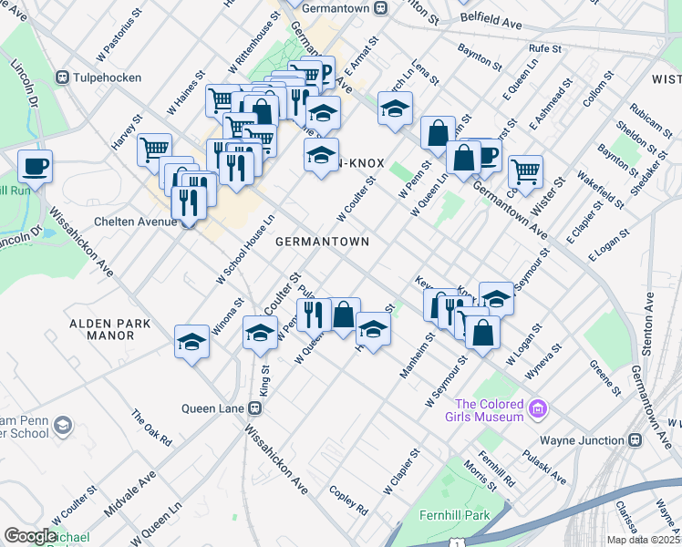 map of restaurants, bars, coffee shops, grocery stores, and more near 216 West Penn Street in Philadelphia
