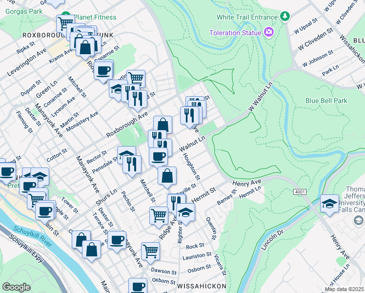 map of restaurants, bars, coffee shops, grocery stores, and more near 601 Walnut Lane in Philadelphia