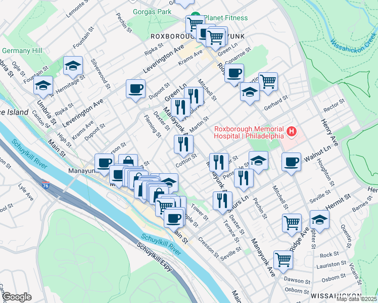 map of restaurants, bars, coffee shops, grocery stores, and more near 254 Roxborough Avenue in Philadelphia