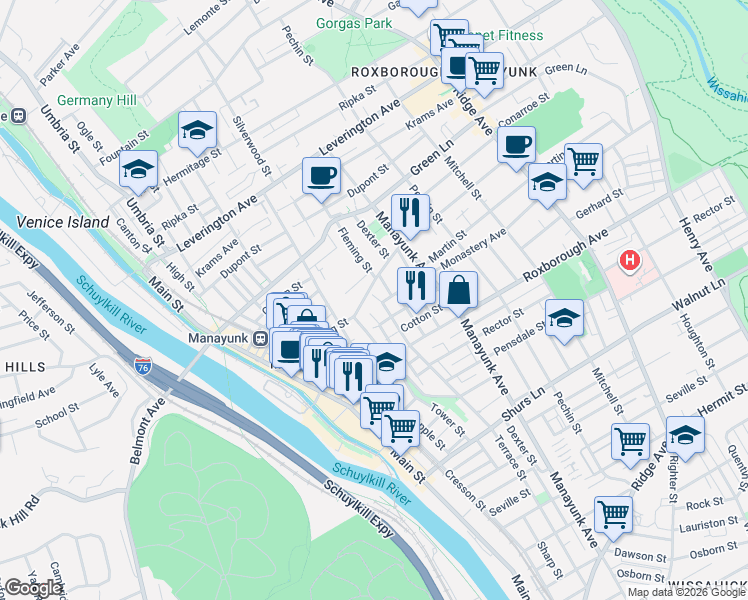 map of restaurants, bars, coffee shops, grocery stores, and more near 4344 Boone Street in Philadelphia