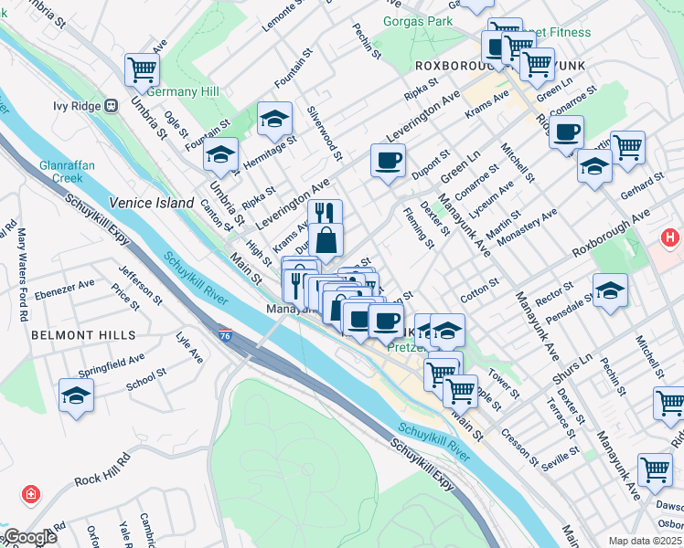 map of restaurants, bars, coffee shops, grocery stores, and more near in Philadelphia