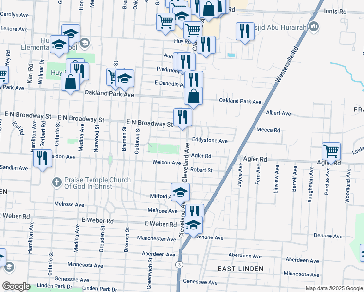 map of restaurants, bars, coffee shops, grocery stores, and more near 2937 Cleveland Avenue in Columbus