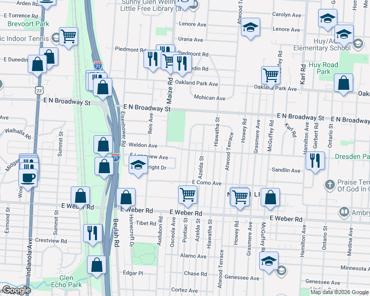 map of restaurants, bars, coffee shops, grocery stores, and more near 3052 Audubon Road in Columbus
