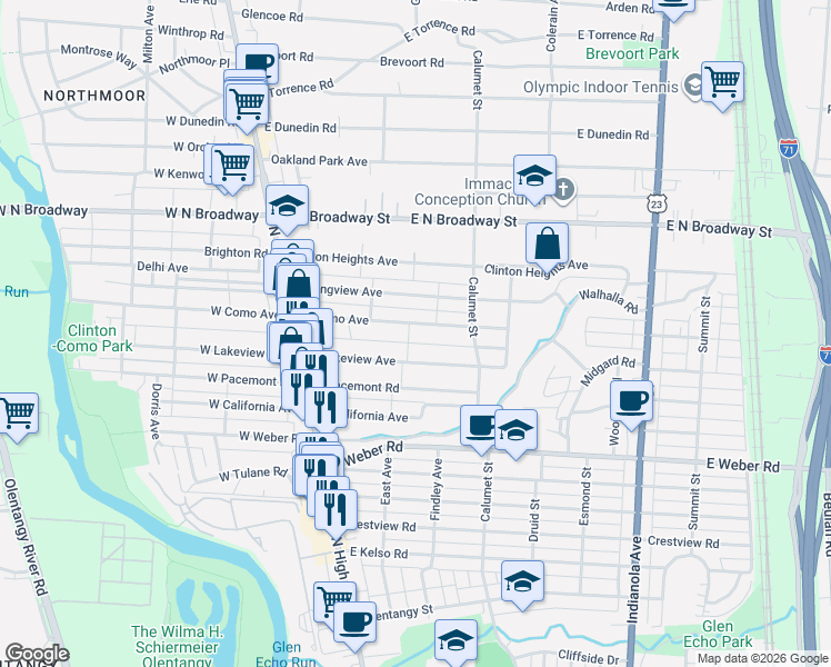 map of restaurants, bars, coffee shops, grocery stores, and more near 164 East Lakeview Avenue in Columbus