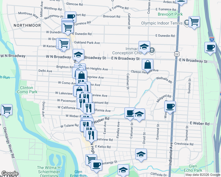 map of restaurants, bars, coffee shops, grocery stores, and more near 164 East Lakeview Avenue in Columbus