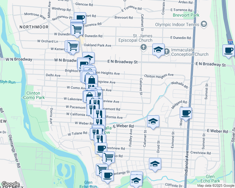 map of restaurants, bars, coffee shops, grocery stores, and more near 110 East Lakeview Avenue in Columbus