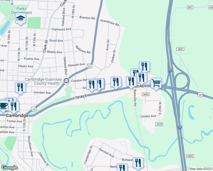 map of restaurants, bars, coffee shops, grocery stores, and more near 1977 E Wheeling Ave in Cambridge