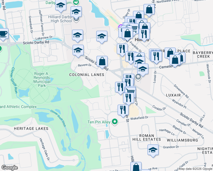 map of restaurants, bars, coffee shops, grocery stores, and more near 3750 Sturbridge Court in Hilliard