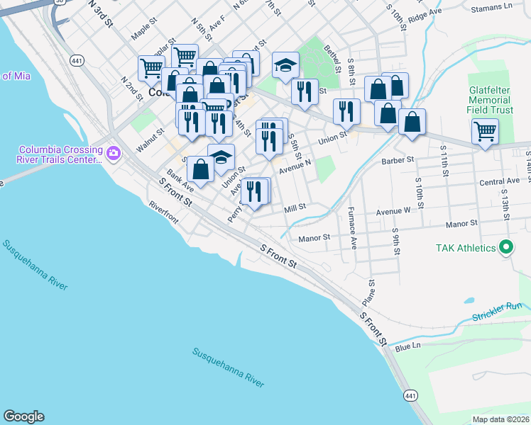 map of restaurants, bars, coffee shops, grocery stores, and more near 114 Mill Street in Columbia